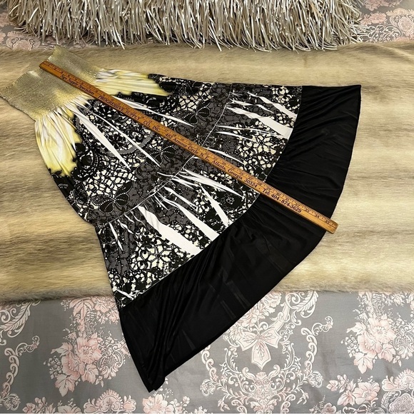 y2k DINA-BE Stretch Strapless  Dress Cover-Up Skirt Black Yellow L Graphic - Picture 3 of 7